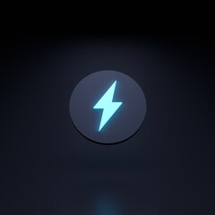 Charge icon, lightning in a circle on a black background. 3D rendering illustration.