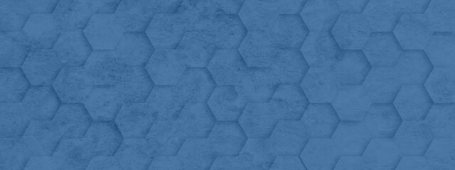 Blue modern tile mirror made of hexagon tiles texture background with blue and white marble wall with hexagon tiles for texture and background.