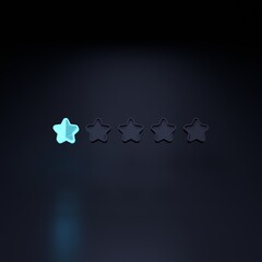 Neon one-star rating on a black background. 3D rendering illustration.
