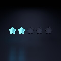 Neon two-star rating on a black background. 3D rendering illustration.