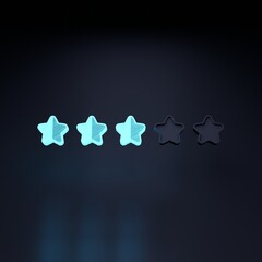 Neon three star rating on a black background. 3D rendering illustration