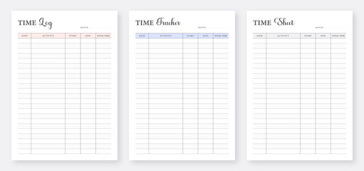 Time Sheet Log Template. Employee Time Sheet. Work Time Sheet. Time Management Tracker. Time Tracker Printable Templates. Minimalist planner pages templates. - obrazy, fototapety, plakaty