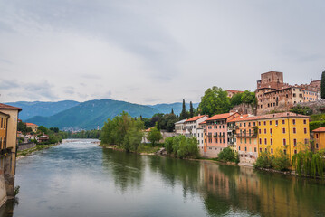 View of Bassano del Grappa with the Brenta River from the Alpini Bridge, Vicenza, Veneto, Italy, Europe