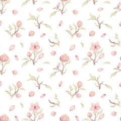 Floral spring elements isolated on white background. Watercolor hand drawn seamless pattern with delicate illustration of pink blossom cherry flowers, branch, twigs, leaves. Simple nursery wallpaper