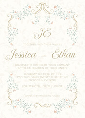Fototapeta na wymiar Wedding invitation.Floral colored frame with calligraphic elements. Card template for greeting card, certificate, invitation, menu.