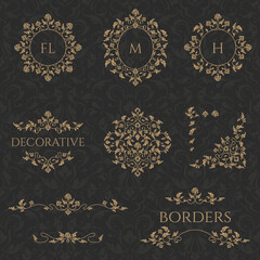Collection of elegant borders, monogram frames. Classic floral ornament. Graphic design pages, business sign, boutiques, cafes, hotels.