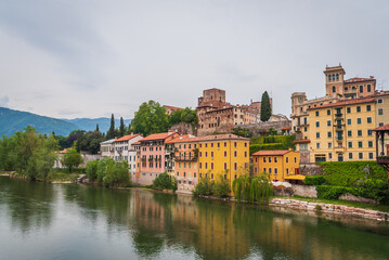 Fototapeta premium View of Bassano del Grappa with the Brenta River from the Alpini Bridge, Vicenza, Veneto, Italy, Europe