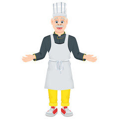 A cartoon male chef greets guests with outstretched arms. A smiling old chef isolated on a white background. Vector illustration for menus, games or banners.