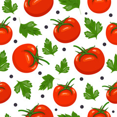 Vector seamless pattern with red tomatoes, parsley and black pepper on the white background. Illustration for wrapping, kitchen textile or wallpaper.