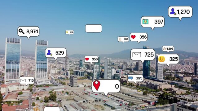 Social media icons fly over city downtown showing people engagement connection through social network application platform . Concept for online community and social media marketing strategy . High