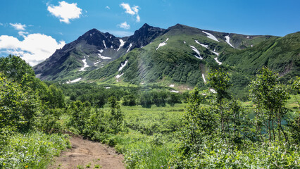 A dirt road winds through a green meadow. There is lush grass and trees around. A picturesque mountain range against the blue sky. Kamchatka. Vachkazhets