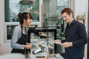 Caucasian woman barista take order from customer in coffee shop. female barista using digital tablet to take order. Coffee owner concept.