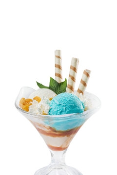 Sweet dessert ice cream in a glass. Photo of a drink on a white background