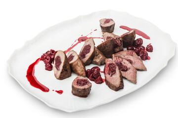 Meat with gravy in a bowl. Photo of food on a white background