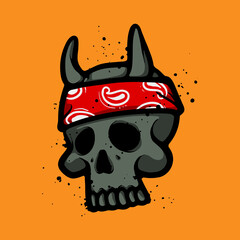 Horned skull wearing bandana cartoon vector illustration