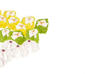 Chinese food style, Top view of pork, Shrimp and Prawns dumpling and Roasted pork bun on white background, Hand drawn of collection food concept, Great for menu, Dim Sum, Space for your text