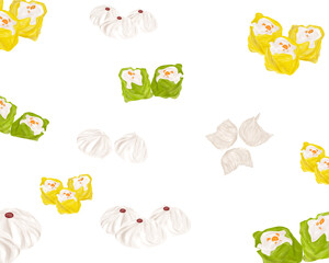 Chinese food style, Top view of pork, Shrimp and Prawns dumpling, Kui Chai or Chinese dumpling and Roasted pork bun on white background,seamless pattern as a background, Great for menu, Dim Sum
