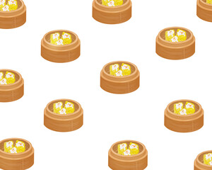 Chinese food style, Top view of pork or Shrimp or Prawns dumpling in a traditional steaming basket on white background, Hand drawn of collection food concept, Great for menu, Dim Sum, seamless pattern