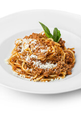Pasta with meat in a bowl. Photo of food on a white background