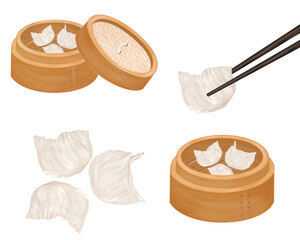 Chinese food style, Top view of Ha Gow or Chinese dumpling With Chopstick on white background, Hand drawn of collection, Great for menu, Dim Sum (Kui Chai ), in a traditional steaming basket