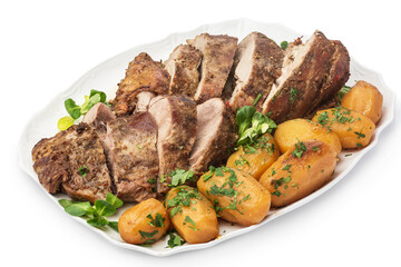 Potatoes with meat in a bowl. Photo of food on a white background