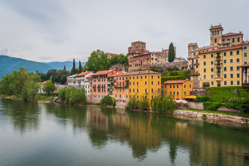 Fototapeta na wymiar View of Bassano del Grappa with the Brenta River from the Alpini Bridge, Vicenza, Veneto, Italy, Europe