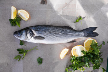 sibas fish wit Ingredients for cooking or grill on cutting board. Top view, copy space
