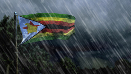 flag of Zimbabwe with rain and dark clouds, twister forecast symbol - nature 3D rendering