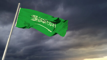 nice Saudi Arabia flag on heavy dark clouds backdrop - abstract 3D illustration