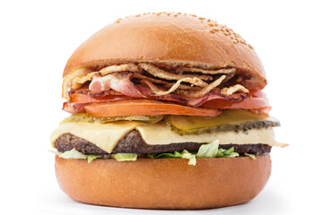 Burger closeup. Photo of food on a white background