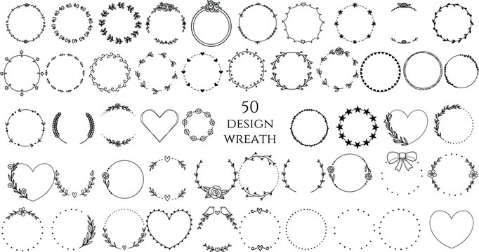 50 wreath floral round frames,
hand drawn,doodle,line art,  vector illustration.