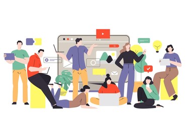 Teamwork concept. Business people doing presentation, working together, business meeting flat vector illustration