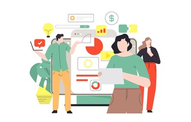 Obraz premium Teamwork concept. Business people doing presentation, working together, business meeting flat vector illustration