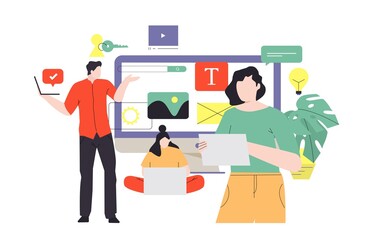 Designers doing presentation, working on new project. Web designers team prototyping new website, landing page or mobile application. Teamwork concept, business people vector illustration	
