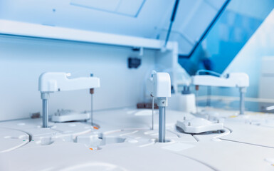 Blood test scientist working with auto robot laboratory medical equipment, biomedicine banner