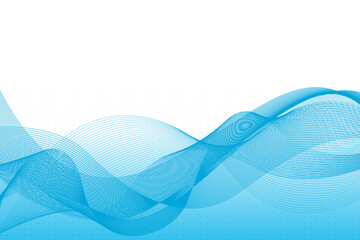 Abstract blue wave lines that simulate a fluid horizontally on a white background with a dotted pattern, ideal for technology, music, science and the digital world
