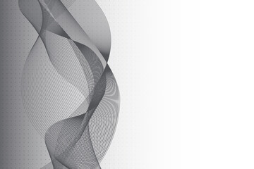 Abstract black wave lines simulating a fluid vertically on a white background with a black gradient dotted pattern, ideal for technology, music, science and the digital world