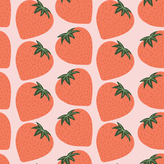 Seamless strawberry pattern with pink background. Cute endless vector background. Bright summer fruits illustration. Fruit design for fabric and decor.