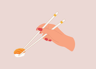 Female’s Hand Holding A Pair Of White Color Chopsticks With One Salmon Sushi. Close-Up. Flat Design, Character, Cartoon.