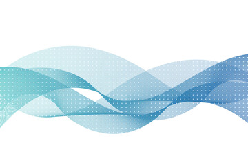 Turquoise blue abstract wave lines simulating a fluid horizontally on a white background with a dotted pattern, ideal for technology, music, science and the digital world