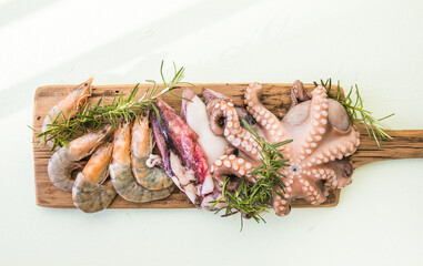Mixed Seafood Contain octopus, prawns, Calamari Squids. Seafood and meat platter. Mediterranean cuisine restaurant food.