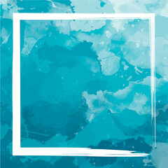 Blue marbled watercolor painting background with a square frame of white paint, ideal for an invitation card