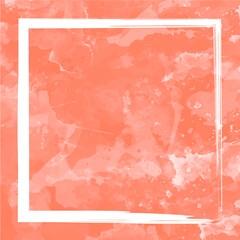 Orange marbled watercolor painting background with a square frame of white paint, ideal for an invitation card