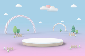 Round product display podium on sunny day in the garden for baby and kid in pastel tone color. 3D rendering.