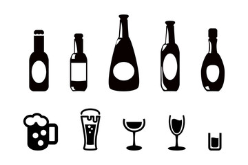 Alcohol drinks icons, bottles and glasses with beer, wine and bar cocktails. Bar or pub symbols for alcoholic beverage signs vector set