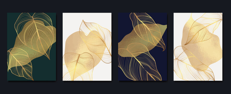Set of abstract golden wall art template. Elegant line art, leaves, foliage, gold foil on dark background. Collection of luxury wall decoration perfect for decorative, interior, prints, banner.