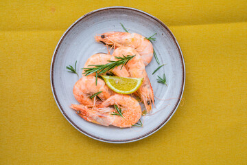 Tiger prawns shrimps set, on  fabric surface, top view flat lay, with copy space for text