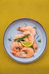 Tiger prawns shrimps set, on  fabric surface, top view flat lay, with copy space for text