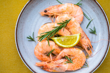 Tiger prawns shrimps set, on  fabric surface, top view flat lay, with copy space for text