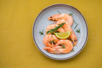 Tiger prawns shrimps set, on  fabric surface, top view flat lay, with copy space for text